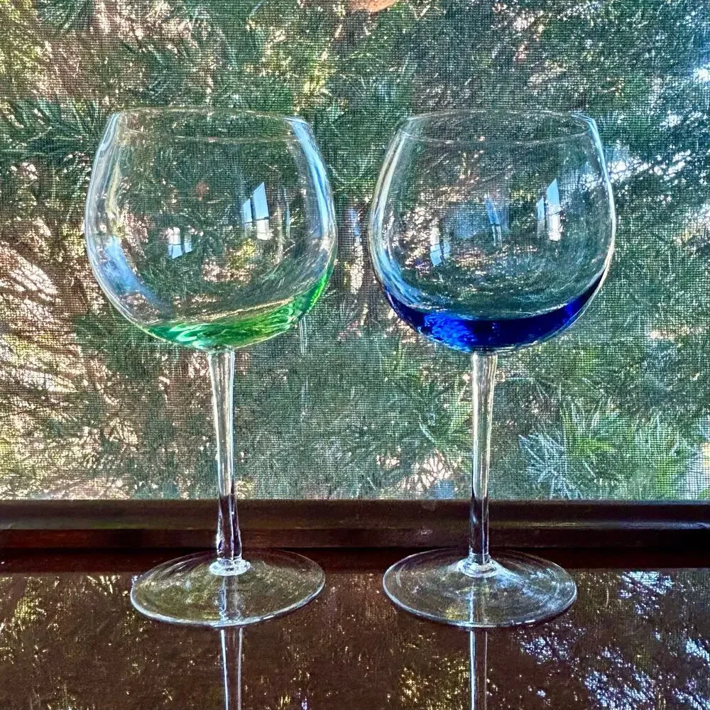 Vintage Color Base Balloon Wine Glasses Green Blue Stemware Pair